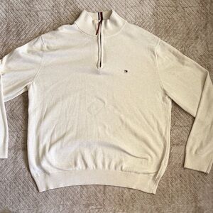 Tommy Hilfiger Men’s Cream Half-Zip Sweater with Signature Trim
